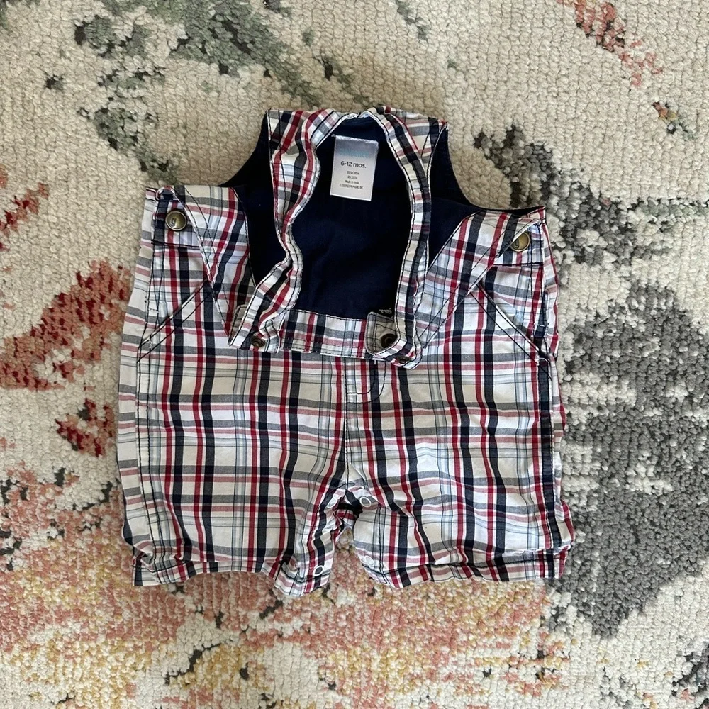 Y2K Gymboree Baby Boy Plaid Red White Blue Overalls Shortalls 6-12 M 100% Cotton